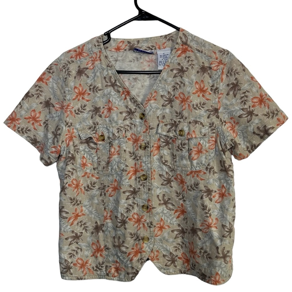 VTG Erika & Co Linen Cotton Blend Floral Buttoned Short Sleeve Top Petite Large